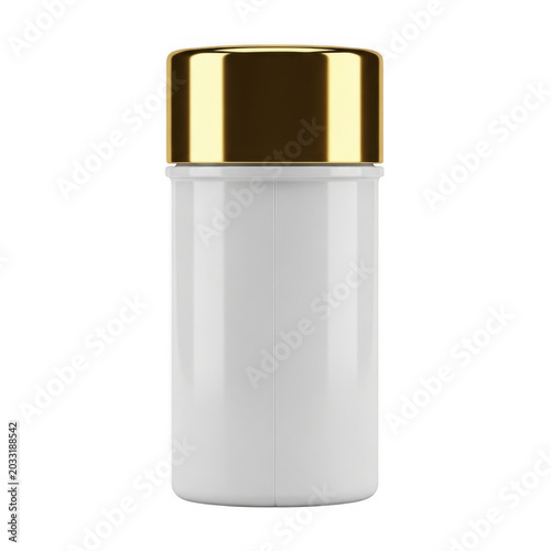 White cosmetic bottle with gold cap on white background