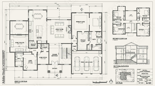 Bild auf Leinwand Architectural floor plan of a modern twostory luxury residence with garage and h