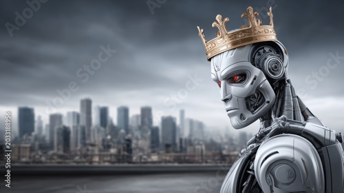  Powerful AI robot wearing a crown, symbolizing dominance and supreme control.