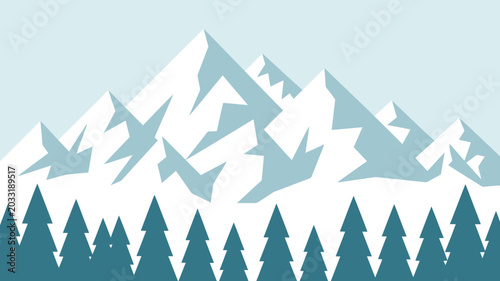 Fotografie Mountain range and evergreen forest flat vector illustration with a light blue b