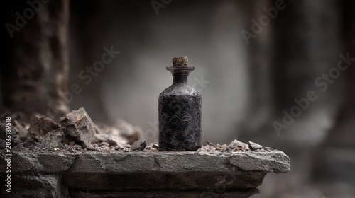 Vintage glass bottle on stone ledge in rustic outdoor setting with blurred background