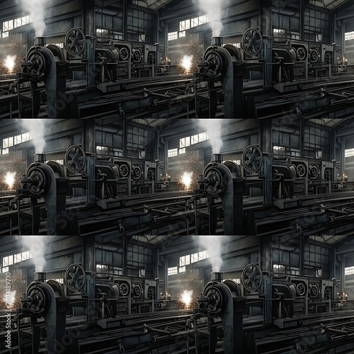 Smokestacks rise from vintage industrial machines in a dimly lit factory