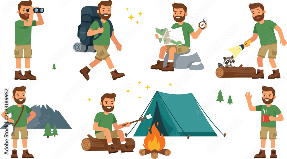 Fototapeta premium Man Hiking and Camping Adventure Vector Set Featuring Bonfire, Tent, Map Navigation, Backpacking, and Wildlife Spotting Illustrations for Outdoor Travel Designs