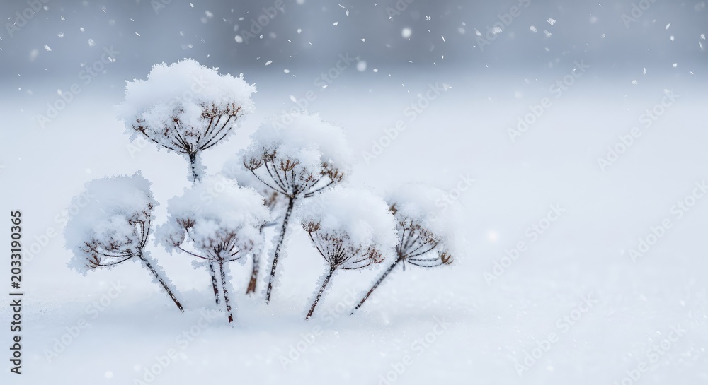Fototapeta premium A detailed close-up of icy crystalline plants covered in fresh white snow while gentle snowflakes drift down during a quiet winter day, hoarfrost, stillness, outdoors