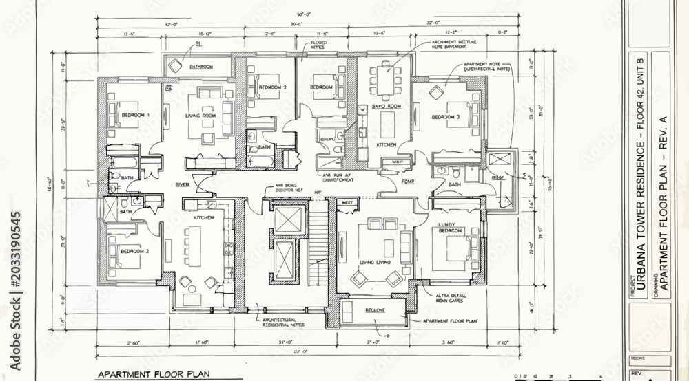 Fototapeta premium Architectural floor plan blueprint of a modern apartment tower residence with multiple bedrooms and living spaces