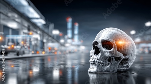 Skull model placed in an urban environment with a blurred cityscape background