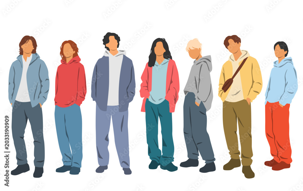 Obraz premium People, men and women, standing, front view, profile, different colors, cartoon character, group silhouettes, hoodie clothes, flat design concept, isolated on white background