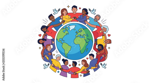 Photos Diverse group of people holding hands around the earth.