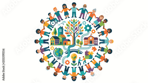 Принти на полотні Diverse group of people holding hands in a circle around community symbols