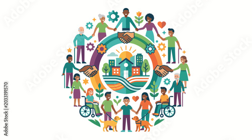 Diverse group of people holding hands in a circular community concept.