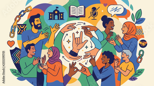 Принти на полотні Diverse group of people using sign language to communicate and connect