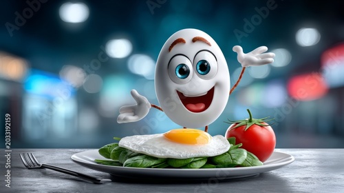 A cheerful cartoon egg presents a vibrant dish of fresh spinach and a sunny-side-up egg with a tomato