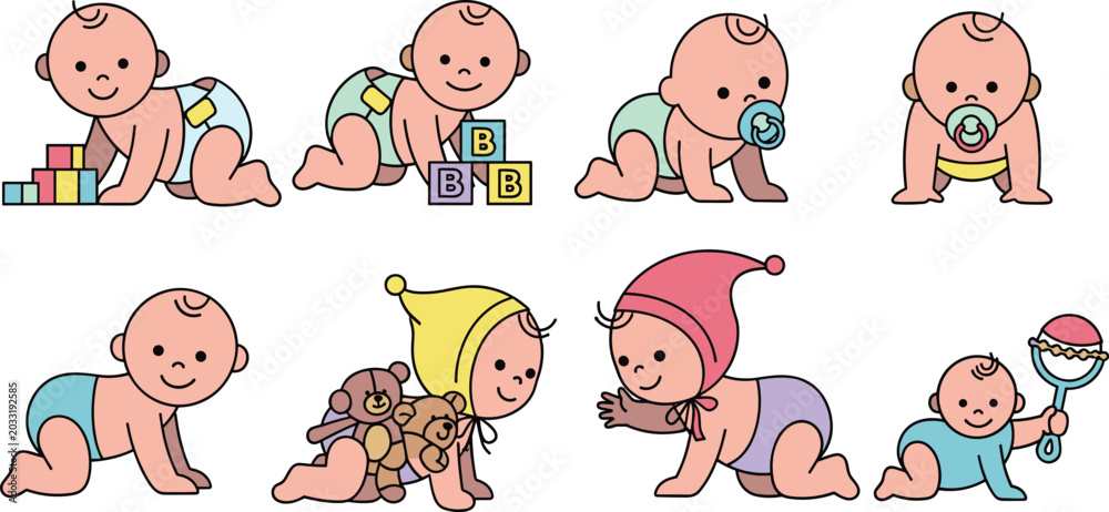 Fototapeta premium Adorable Crawling Baby Icon Set with Infants Playing Blocks, Pacifier, Teddy Bear, Hat, and Rattle for Newborn and Nursery Designs