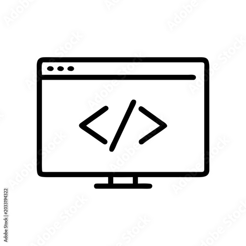 Computer screen displaying code brackets icon representing programming web development and online software