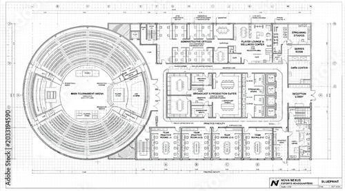 Cuadro en lienzo Detailed architectural floor plan of a circular auditorium and office complex