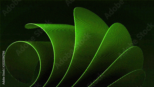 Abstract digital wave background with flowing green particles, dynamic motion effect, futuristic data stream, glowing neon lines, modern technology concept