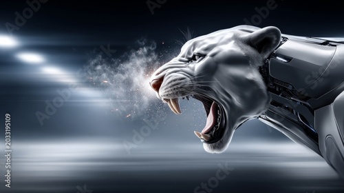Robotic white panther with mechanical features growling in a futuristic setting