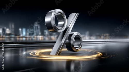 Metal percentage symbol with city skyline background presenting financial concept