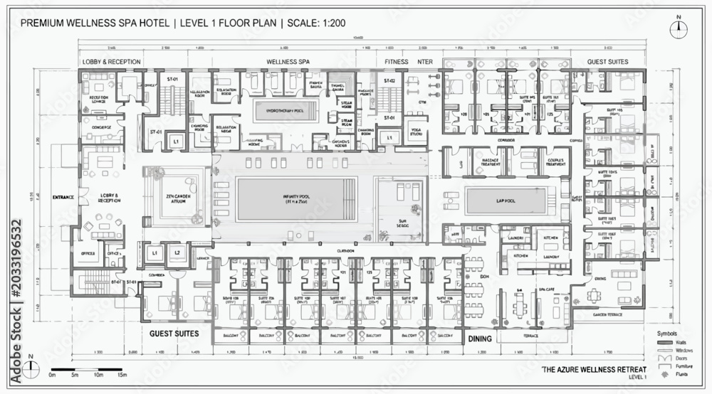 Fototapeta premium Architectural floor plan of a premium wellness spa hotel featuring guest suites, swimming pool, and fitness area