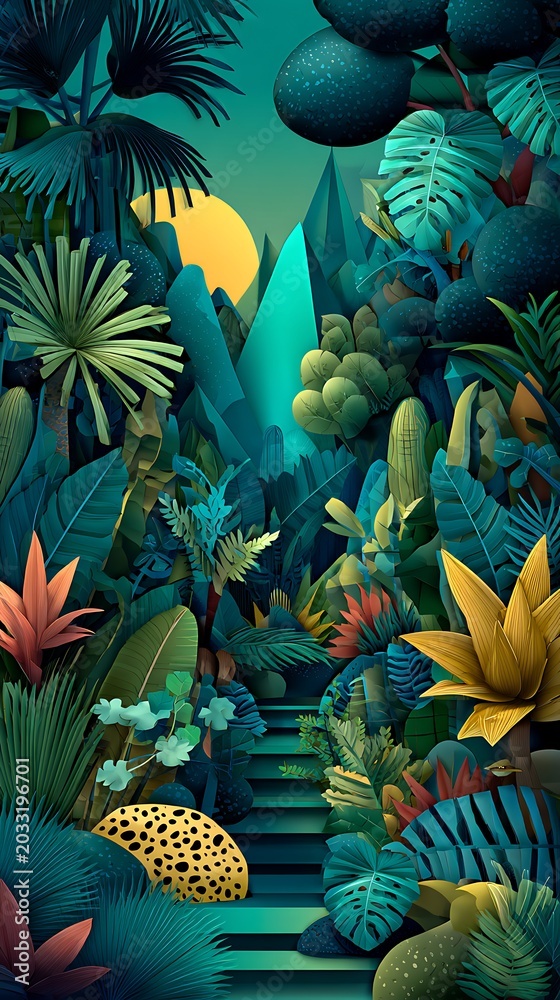 Obraz premium Vibrant tropical floral arrangement with exotic birds and fruits on turquoise background