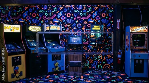 Colorful Retro Arcade Machines Glowing Under Blacklight in Neon Game Room