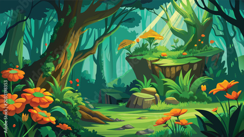 Beautiful lush forest landscape with orange flowers and sunlight in a magical green wood Vector