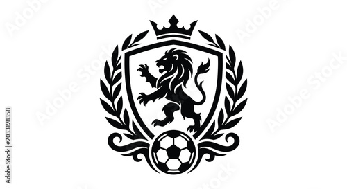 Silhouette of lion with soccer ball and crown on shield