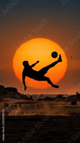 Dramatic Silhouette of Soccer Player Performing Bicycle Kick Against Golden Sunset Sky