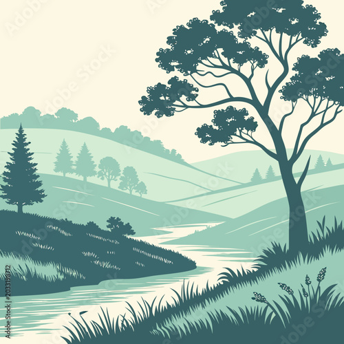 Tableau sur toile Serene landscape with a winding river and rolling hills landscape peaceful tranq