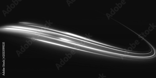 A glowing abstract digital wave of light creates a dynamic black and white motion effect across a dark space backdrop for a sophisticated technological wallpaper illustration