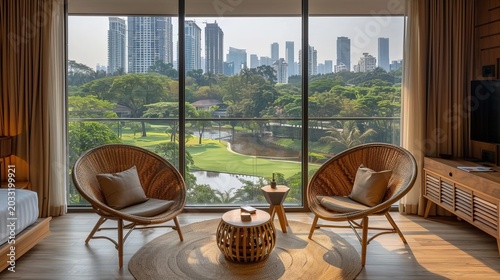 Charming balcony seating overlooking a cityscape at dusk with a beautiful sunset glow