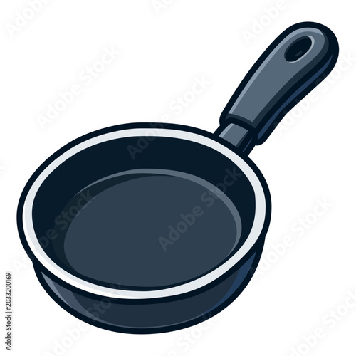 Nonstick frying pan with black plastic handle cartoon vector illustration isolated on white background