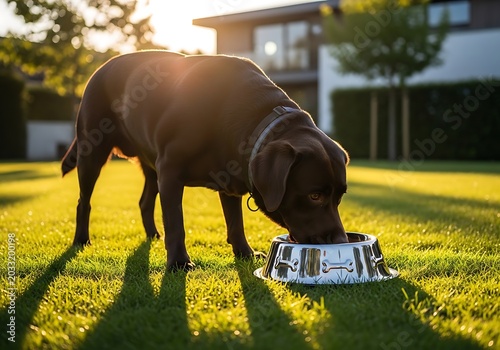 A Chocolate Labrador Retriever eating from a steel bowl in a lush backyard with warm golden hour glow.