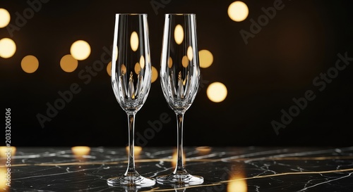 Two crystal champagne flutes stand on a black marble surface with gold ornaments and soft golden bokeh lights in the dark background, glass, flute, dark