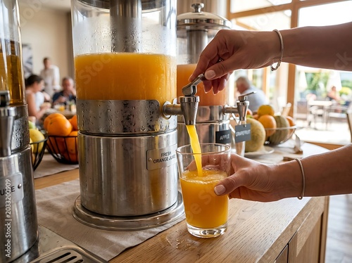 A woman pouring fresh orange juice into a glass at a hotel breakfast buffet with bright morning light
