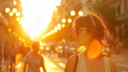 Young woman watching sunset amidst urban crowd bathed in warm tones and vibrant colors