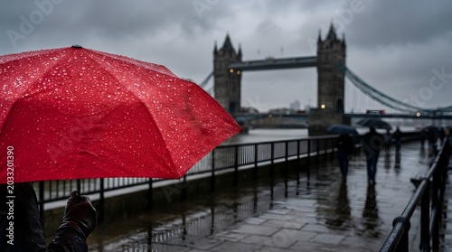 Vibrant red umbrella provides shelter from gloomy weather conditions on a wet london embankment, ideal for editorial or travel promotions.