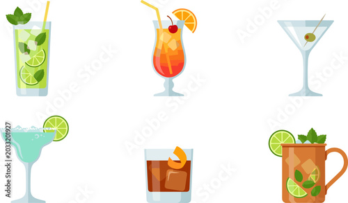 Photography Alcoholic Cocktail Drink Icon Set with Mojito Margarita Martini Moscow Mule and