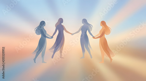 Four translucent women holding hands in a circle against a soft gradient sky unity