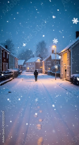 Solitary figure walks down snow-covered street, warm lights glow from houses