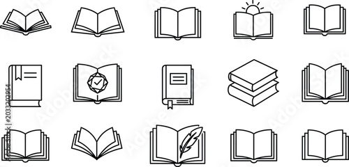 Bild auf Leinwand Open book and library literature reading line vector icon set with textbook dict