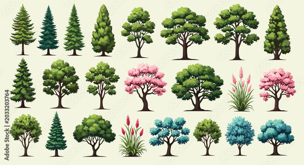 Fototapeta premium Extensive collection of various tree types and shrubs including conifers, deciduous trees, and flowering plants in a flat design style.