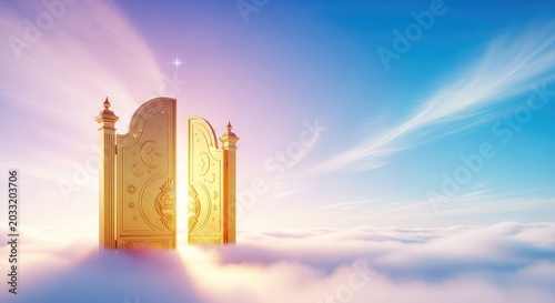 Glowing golden gates stand wide open amidst a sea of fluffy white clouds under a bright ethereal sky filled with divine light and hope, salvation, peaceful, bright