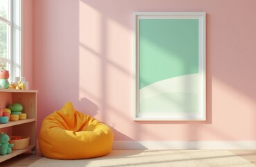 Cozy kids room with orange bean bag chair and bookshelf. Light pink walls receive soft sun shadows from window. Empty frame hangs on wall above plush rug for decor.