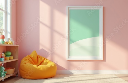 Cozy kids room with orange bean bag chair and bookshelf. Light pink walls receive soft sun shadows from window. Empty frame hangs on wall above plush rug for decor.