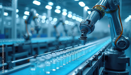 Robotic arms sort vaccine vials on conveyor belt in sterile blue factory. Automated production line processes medicine bottles with precision. Advanced technology aids healthcare manufacturing 