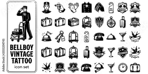 Schilderij op canvas Hotel Bellboy Vintage Tattoo Black White-Uniform Cart Badge Classic-Service Vect