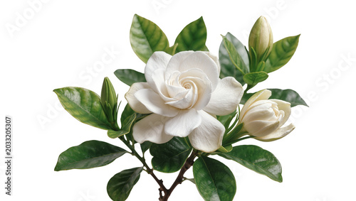 Foto White Gardenia Flower with Buds and Green Leaves