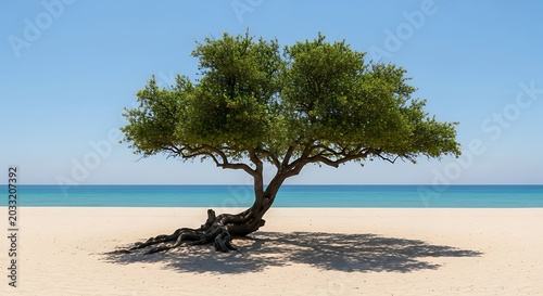 Solitary tree stands on a pristine beach against a clear blue sky
