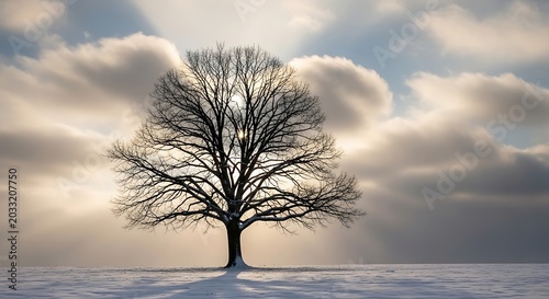 Solitary winter tree silhouetted against a bright, cloudy sky with sun rays